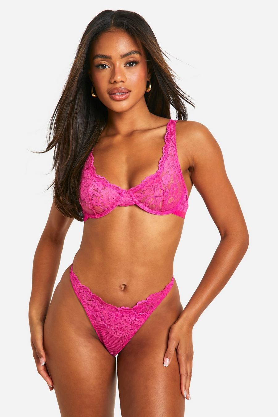 Pink Lace Detail Bra And Thong 