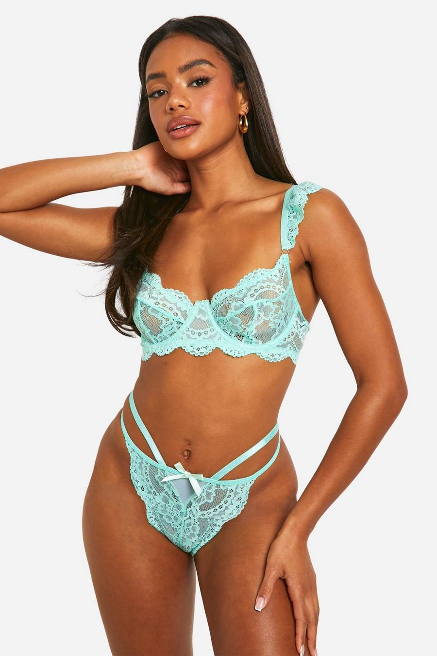 Aqua Lace Detail Frill Bra And Thong Set  image number 1