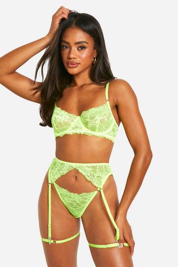 Yellow Neon Bra Thong And Suspender Set