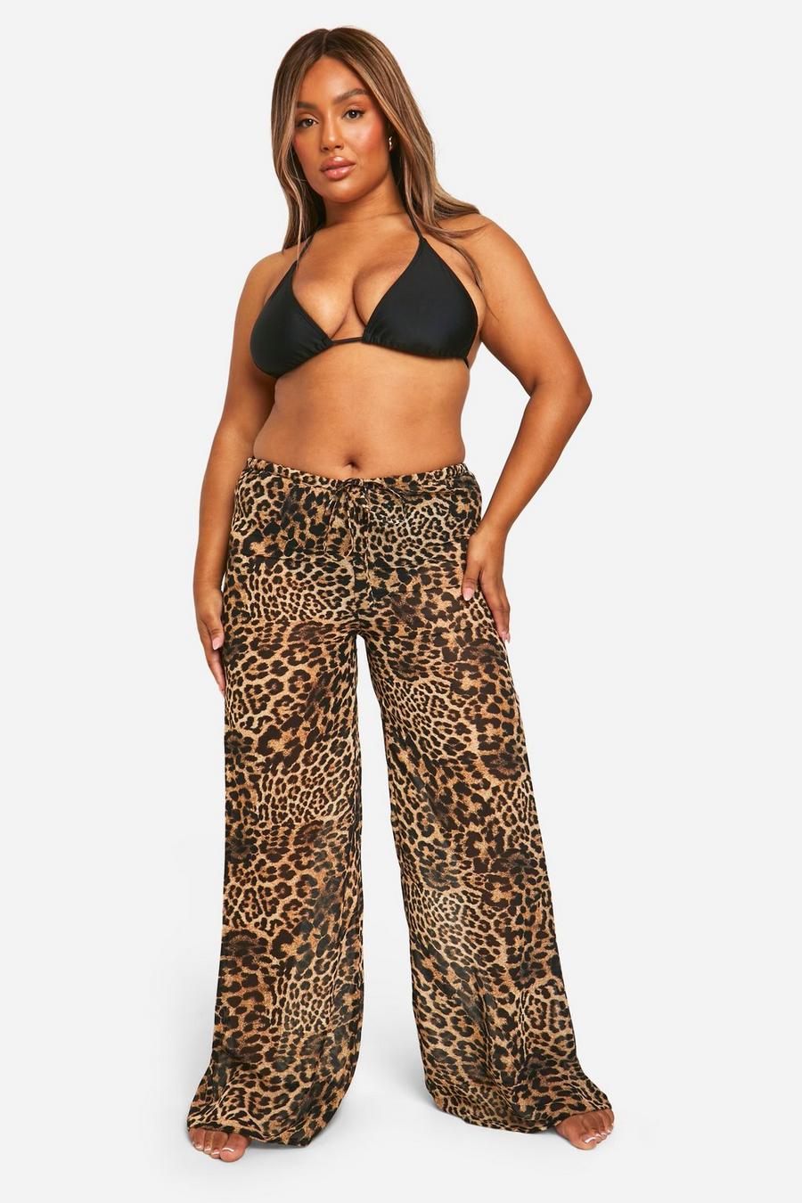 Plus Leopard Drawstring Tie Beach Trousers image number 1
