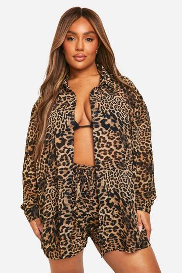 Multi Plus Leopard Button Front Longline Beach Shirt