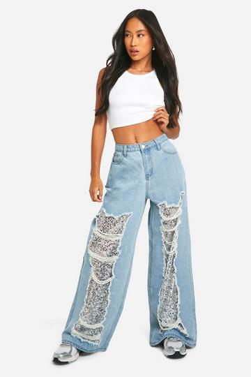 Straight Leg Sequin Insert Denim Jeans washed blue