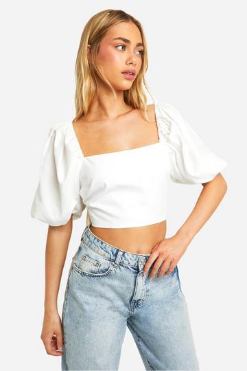 Puff Sleeve Square Neck Tie Back Crop Top white