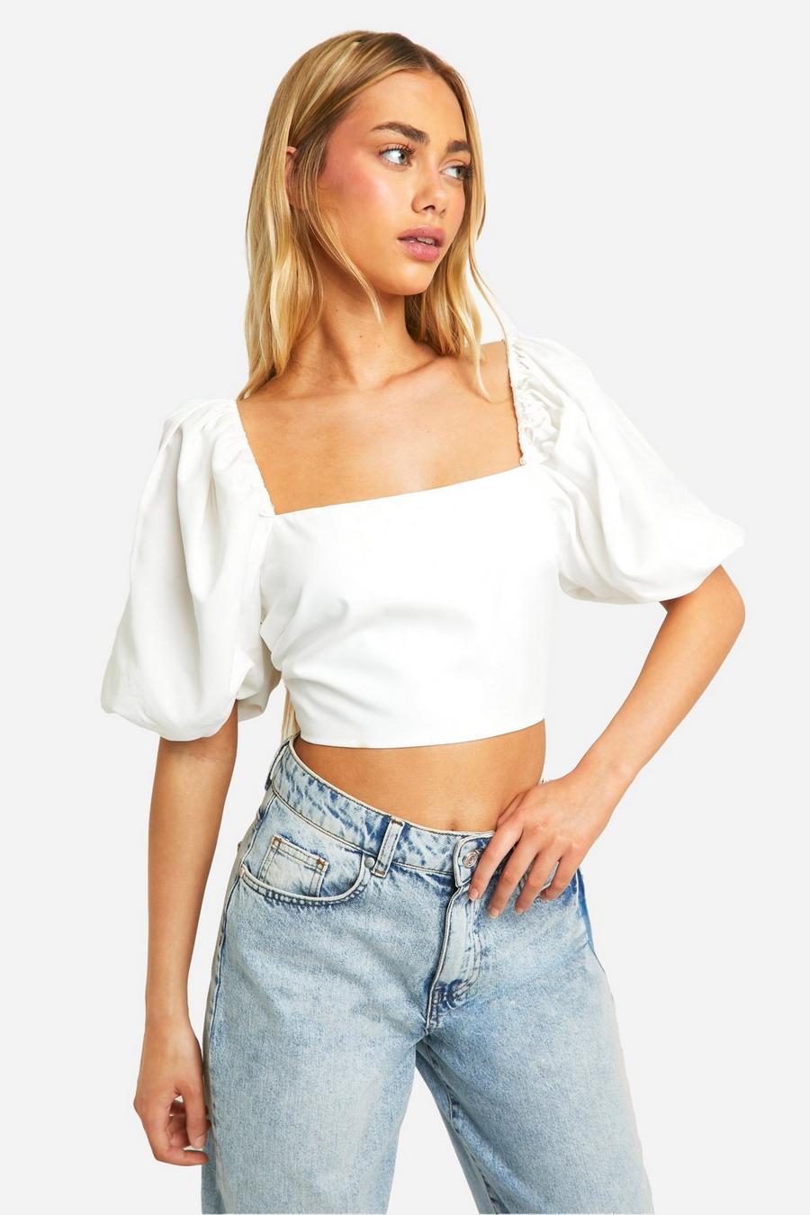 White Puff Sleeve Square Neck Tie Back Crop Top image number 1
