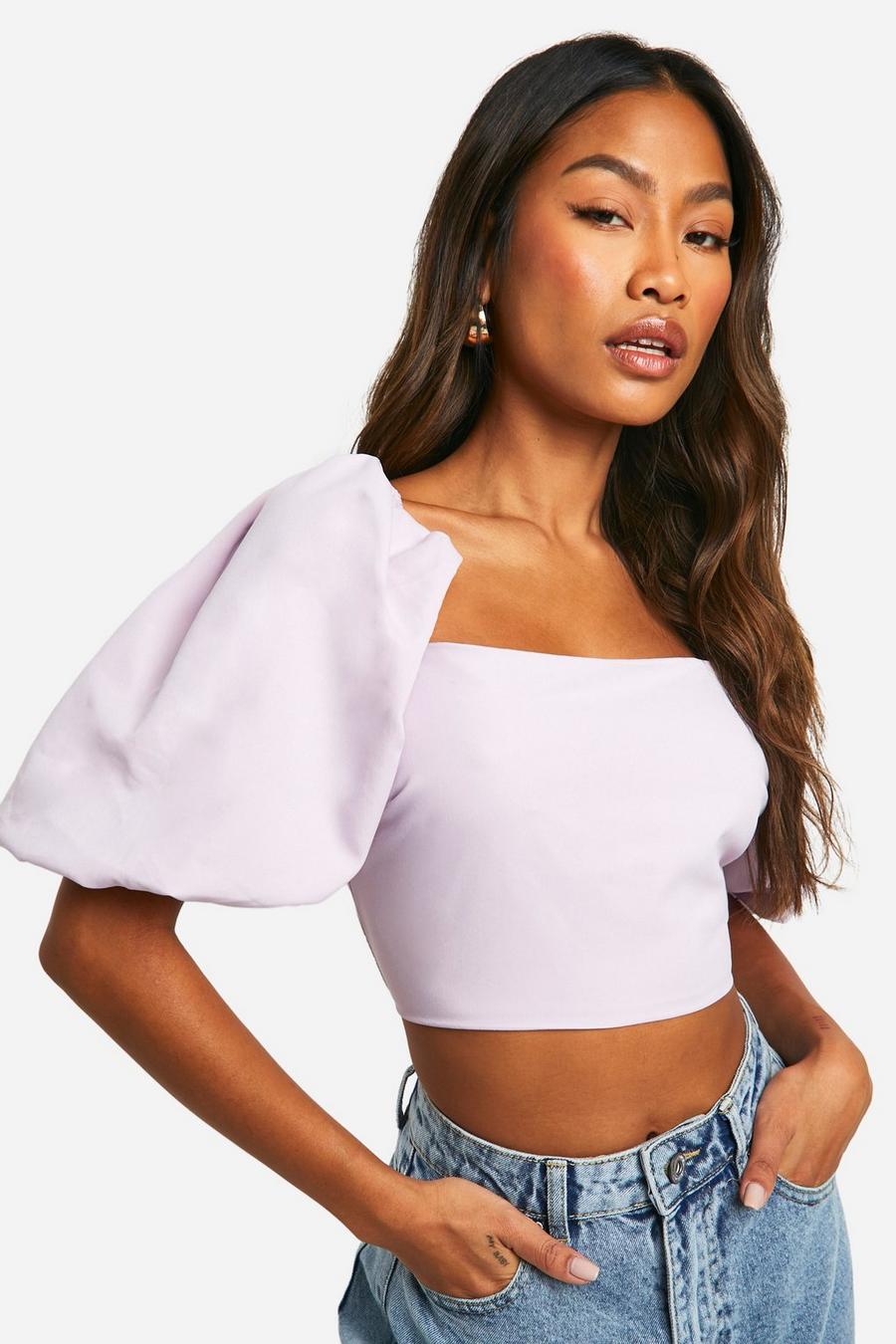 Lilac Puff Sleeve Square Neck Tie Back Crop Top image number 1