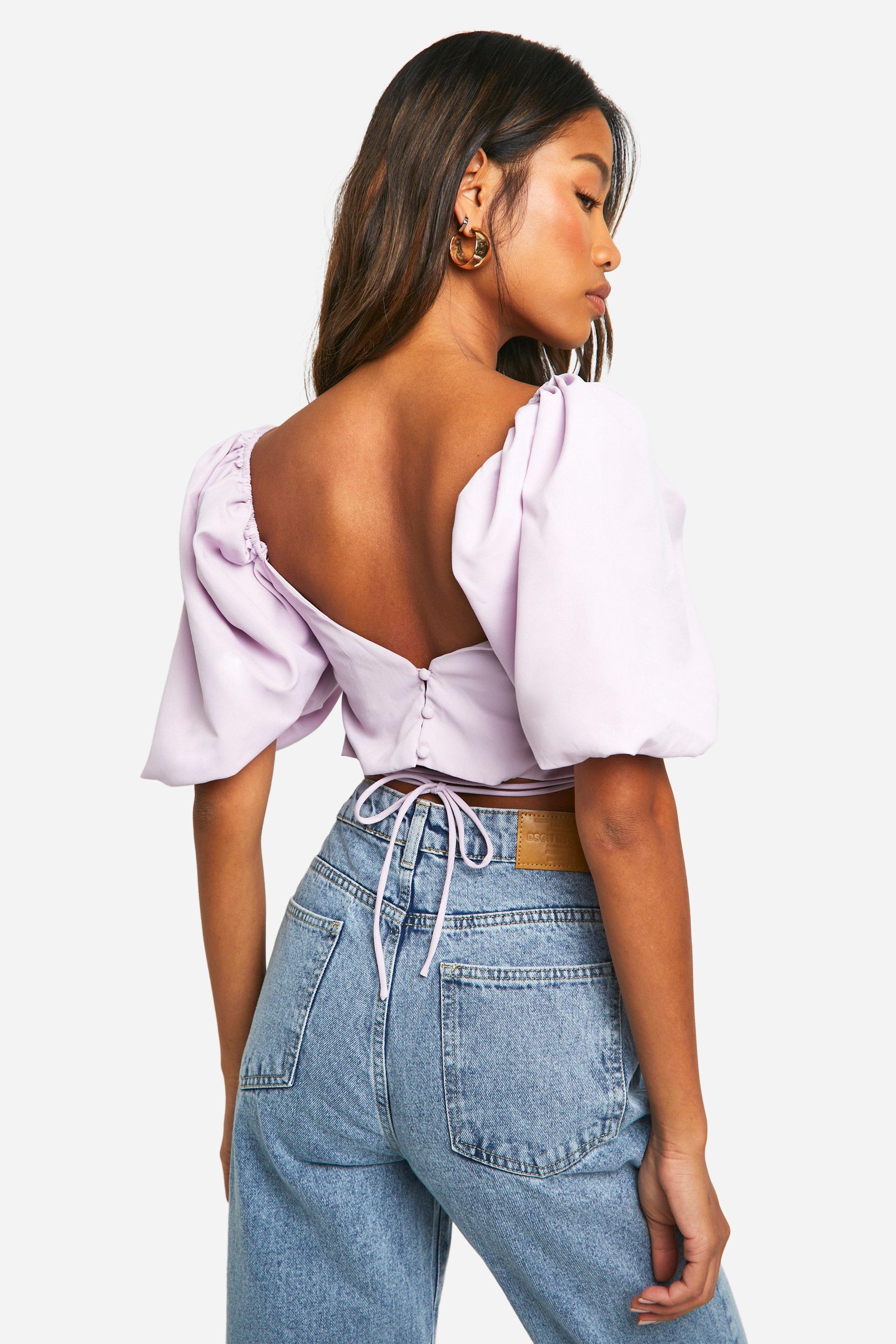 Puff Sleeve Square Neck Tie Back Crop Top | boohoo USA