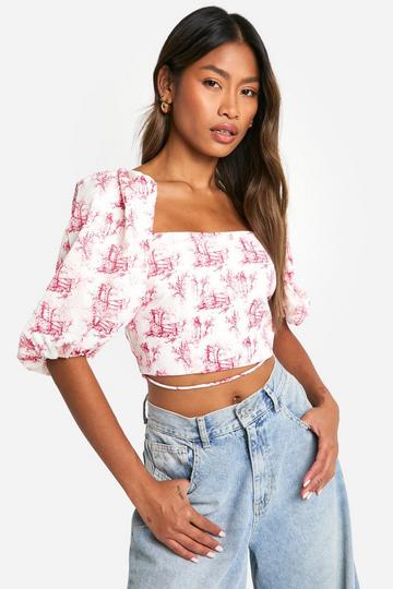 Porselein Print Crop Top Met Pofmouwen En Rug Strik red