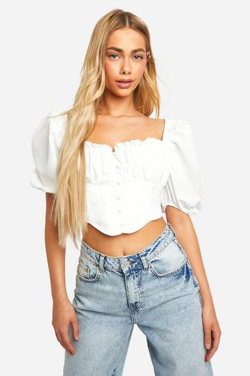 Puff Sleeve Button Front Corset white