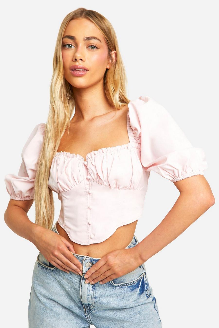 Baby pink Puff Sleeve Button Front Corset   image number 1