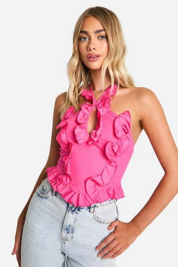 Pink Cotton Poplin Ruffle Halterneck Top