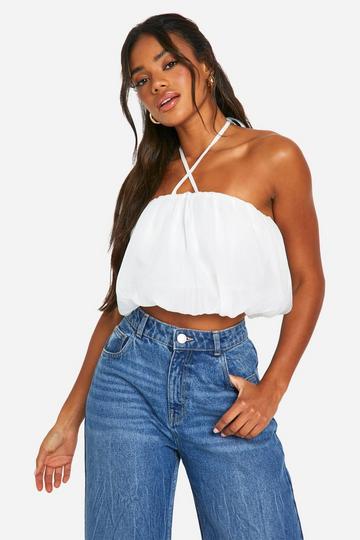 White Puffball Halterneck Organza Crop Top