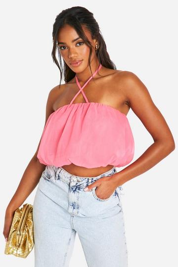 Pink Puffball Halterneck Organza Crop Top