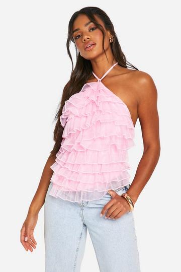 Pink Tulle Ruffle Halter Top