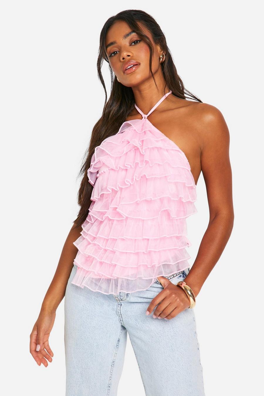 Baby pink Tulle Ruffle Halterneck Top image number 1