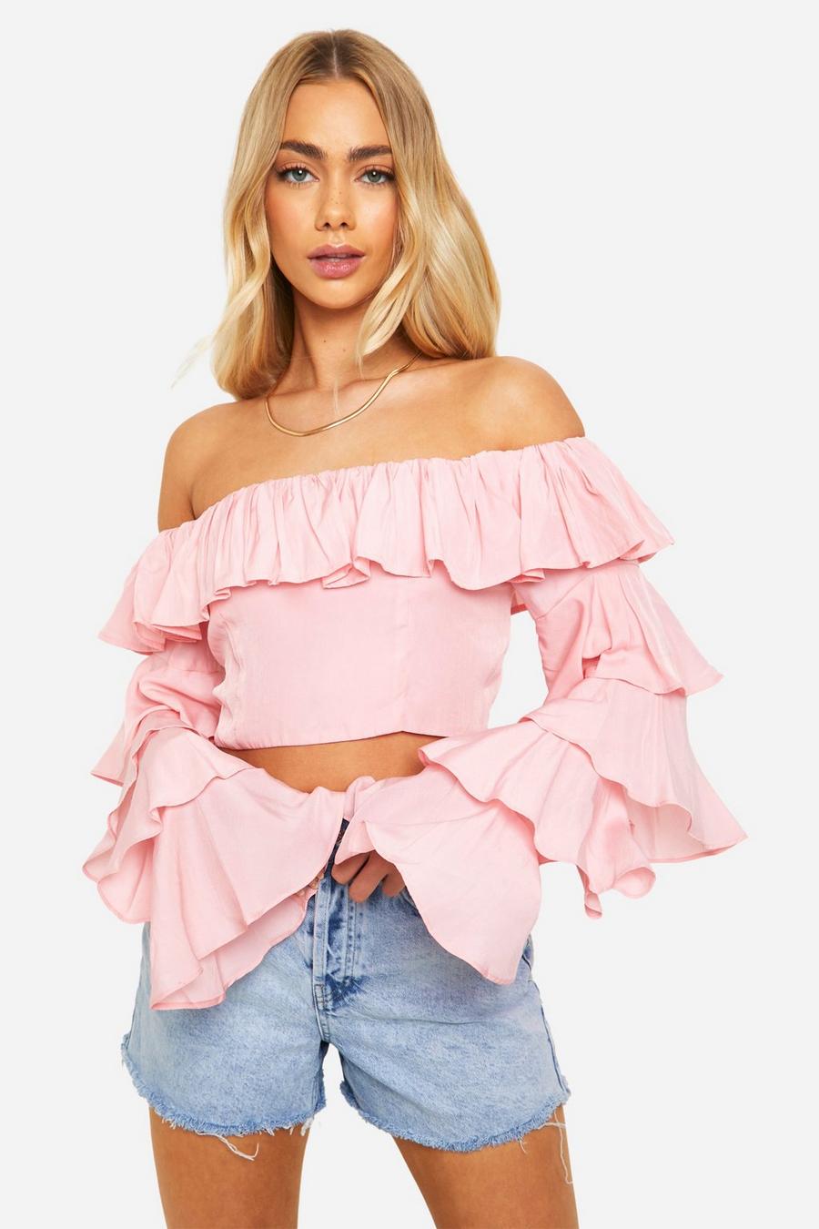 Blush Off The Shoulder Ruffle Crop Top image number 1