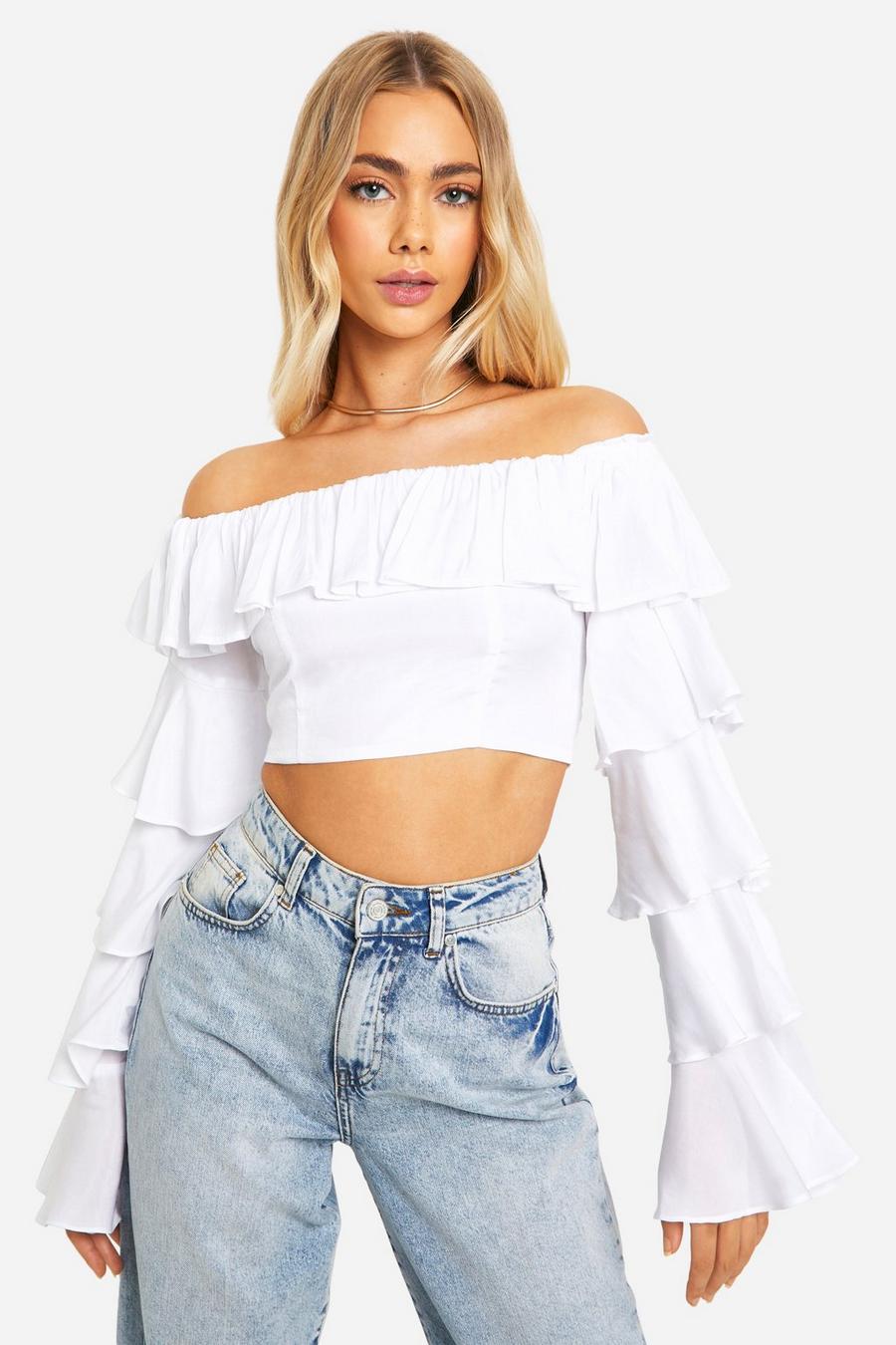 Ivory Off The Shoulder Ruffle Crop Top 