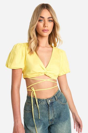 Lemon Yellow Puff Sleeve Knot Front Crop Top