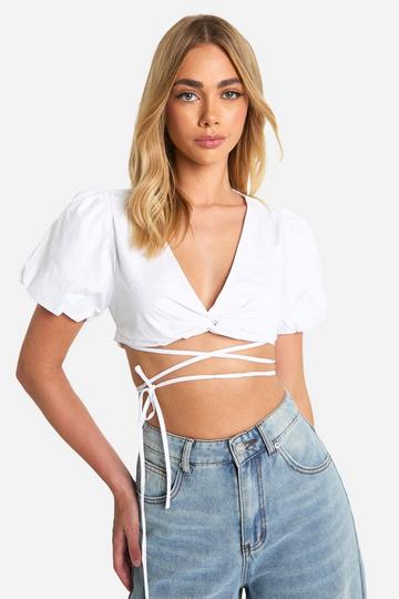 Puff Sleeve Knot Front Crop Top ivory