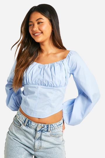 Blue Ruched Bust Milkmaid Top