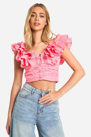 Ruffle Woven Crop Top pink