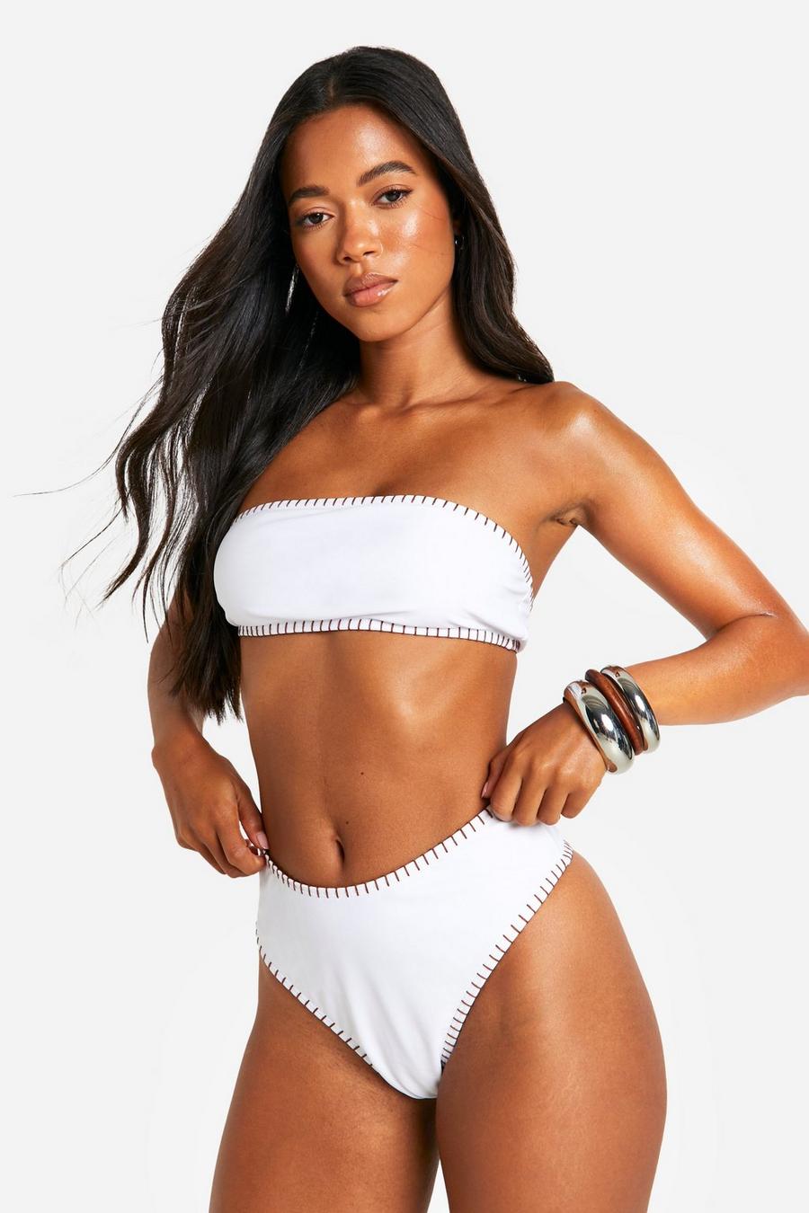 White High Waist Bandeau Bikini Set Met Stiksels