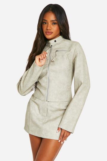 Washed Faux Leather Moto Moto Jacket grey