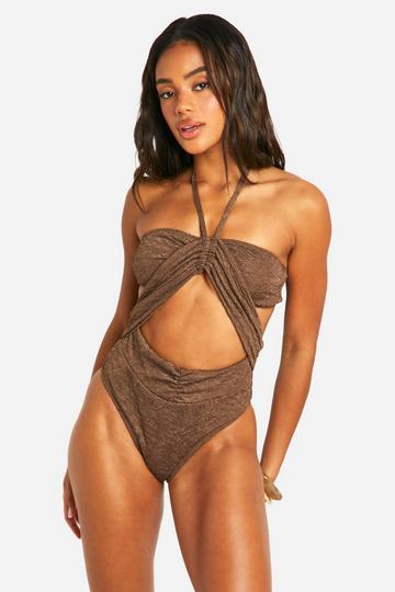 Textured Ruched Cut Out Swimsuit brown