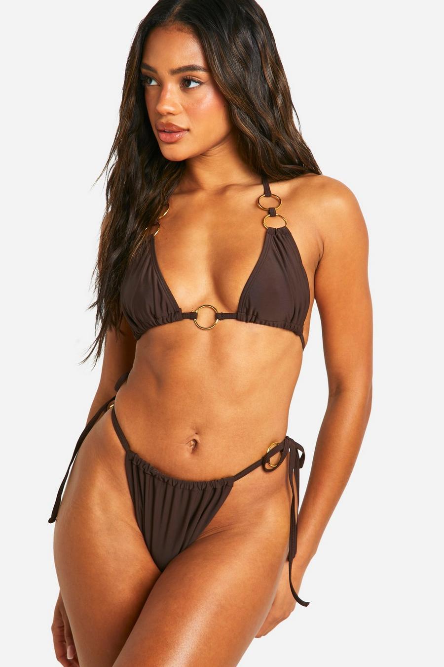 Dark brown O-rings Wrap Around Triangle Bikini Set image number 1