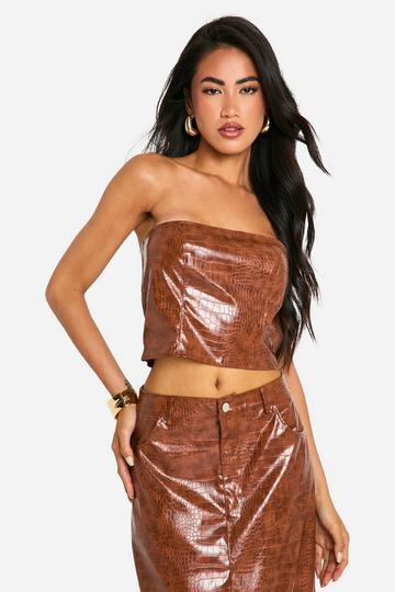 Croc Look Faux Leather Bandeau Corset brown