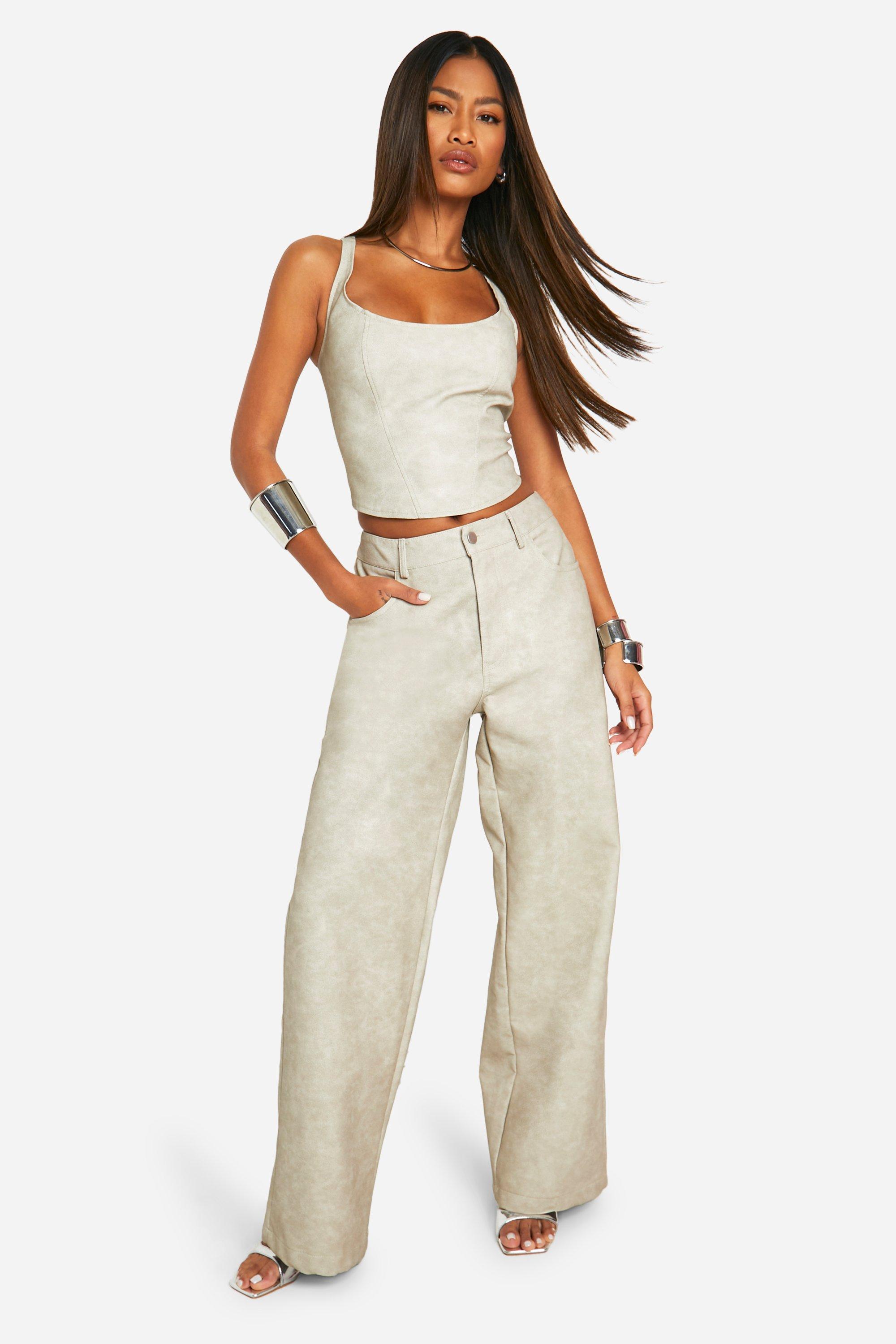 Washed Faux Leather Wide Leg Trousers boohoo NZ