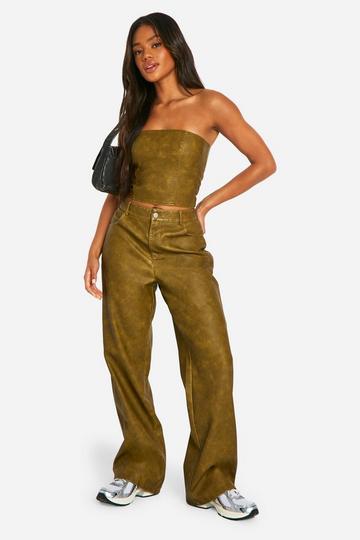 Olive Green Washed Faux Leather Straight Leg Trousers