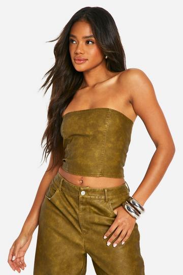 Washed Faux Leather Cropped Corset olive