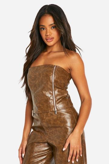 Washed Faux Leather Zip Detail Corset chocolate