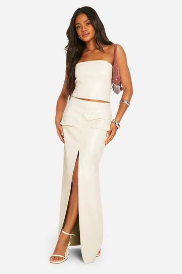 Faux Leather Pocket Detail Wrap Maxi Skirt ecru