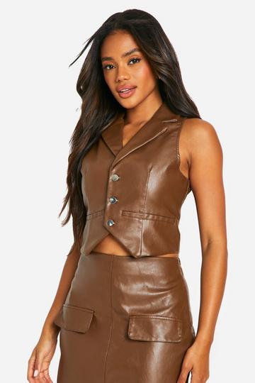 Faux Leather Button Down Waistcoat chocolate