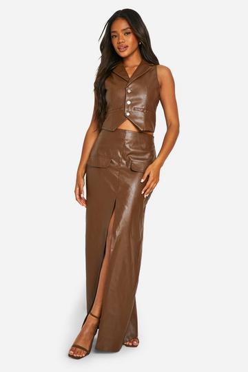 Faux Leather Pocket Detail Wrap Maxi Skirt chocolate