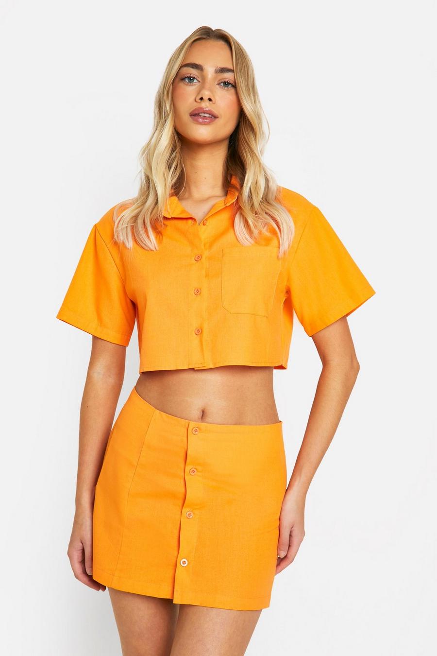 Orange Linen Mix Button Front Mini Skirt  