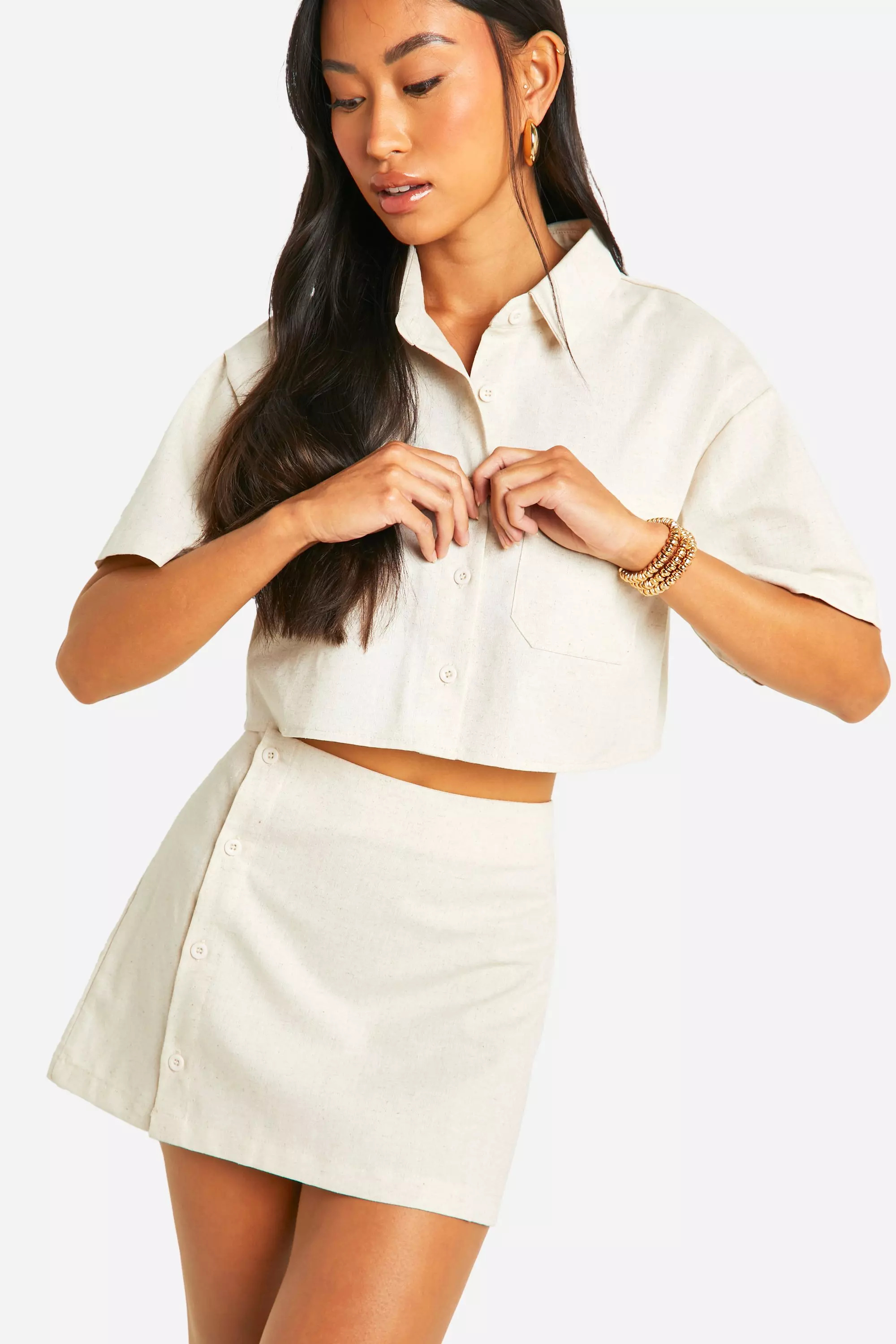 Stone Linen Look Button Front Mini Skirt  alternative image