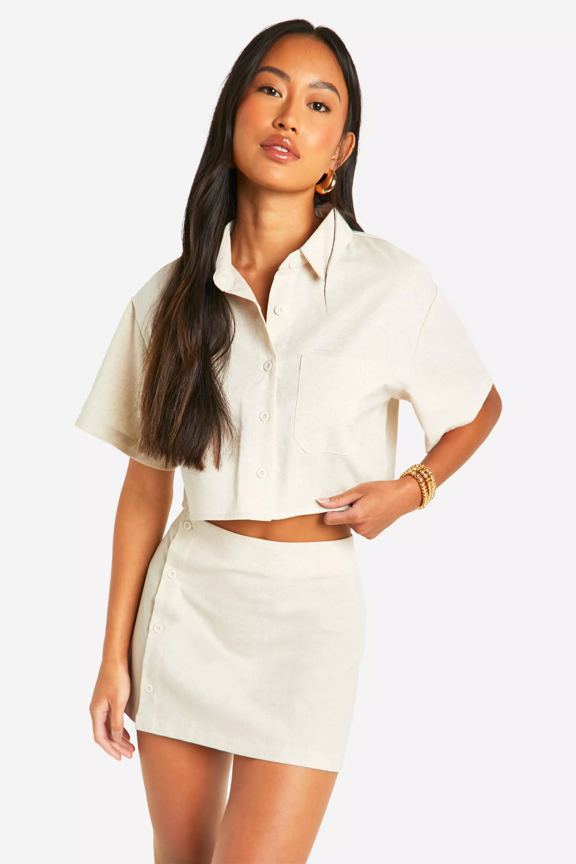 Stone Linen Look Button Front Mini Skirt  alternative image