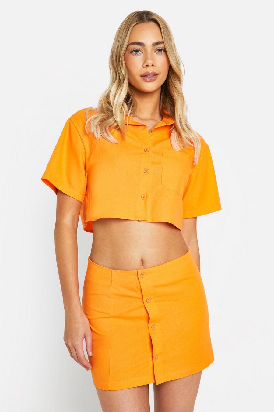 Orange Linen Mix Boxy Crop Shirt 