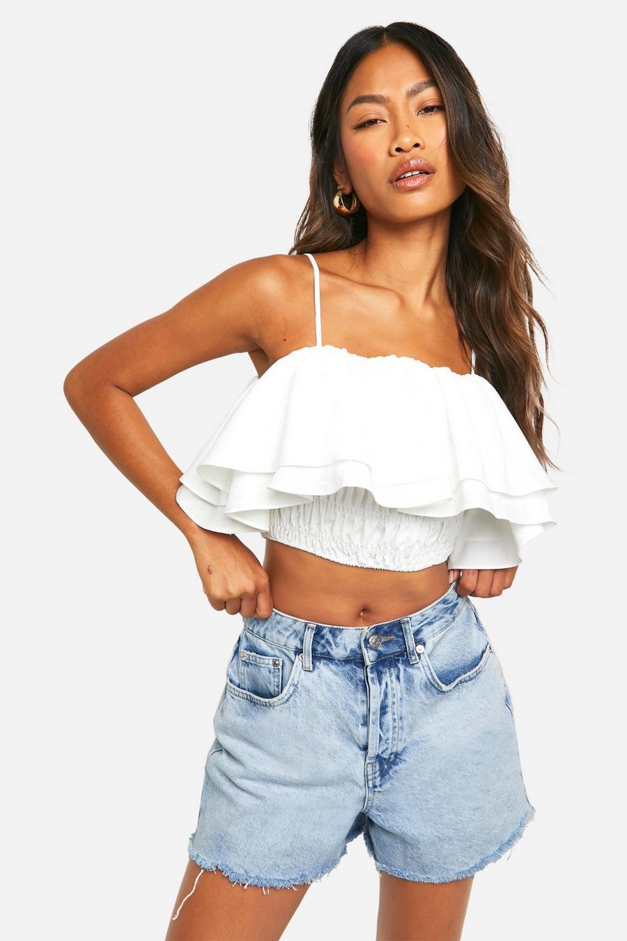 White Puffball Cold Shoulder Crop Top image number 1