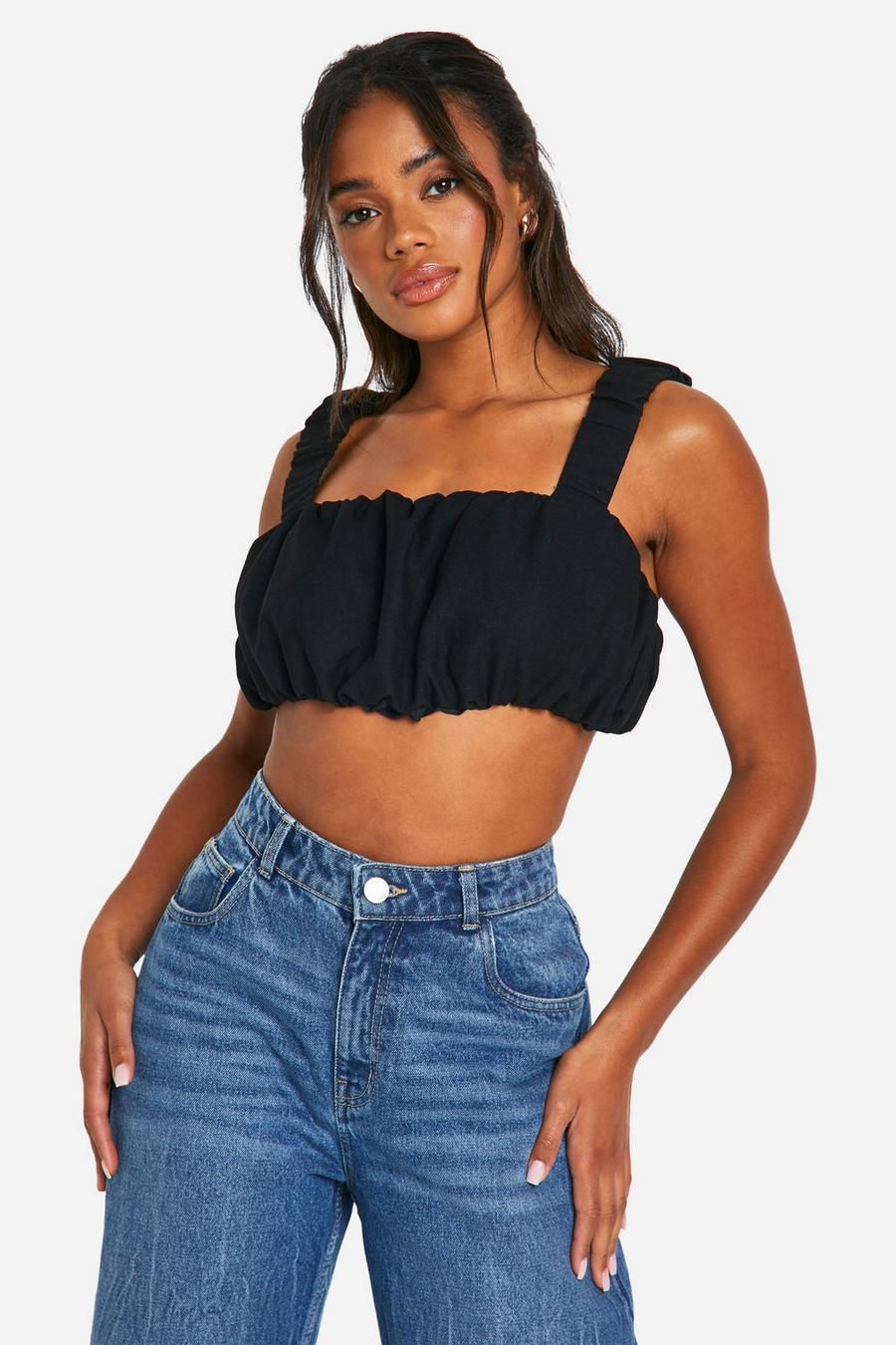 Black Puffball Ruched Crop Top  image number 1