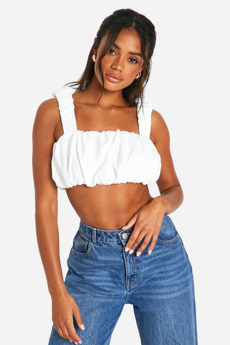 White Puffball Ruched Crop Top