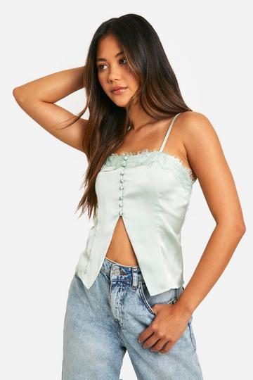 Satin Lace Detail Button Front Cami sage