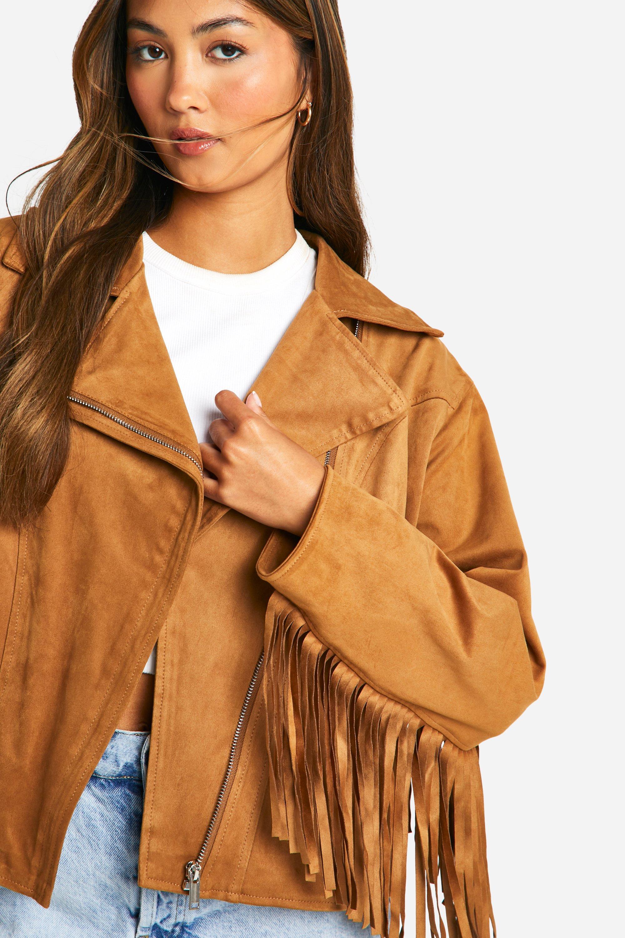 Fringe Detail Suede Look Biker Jacket boohoo UK