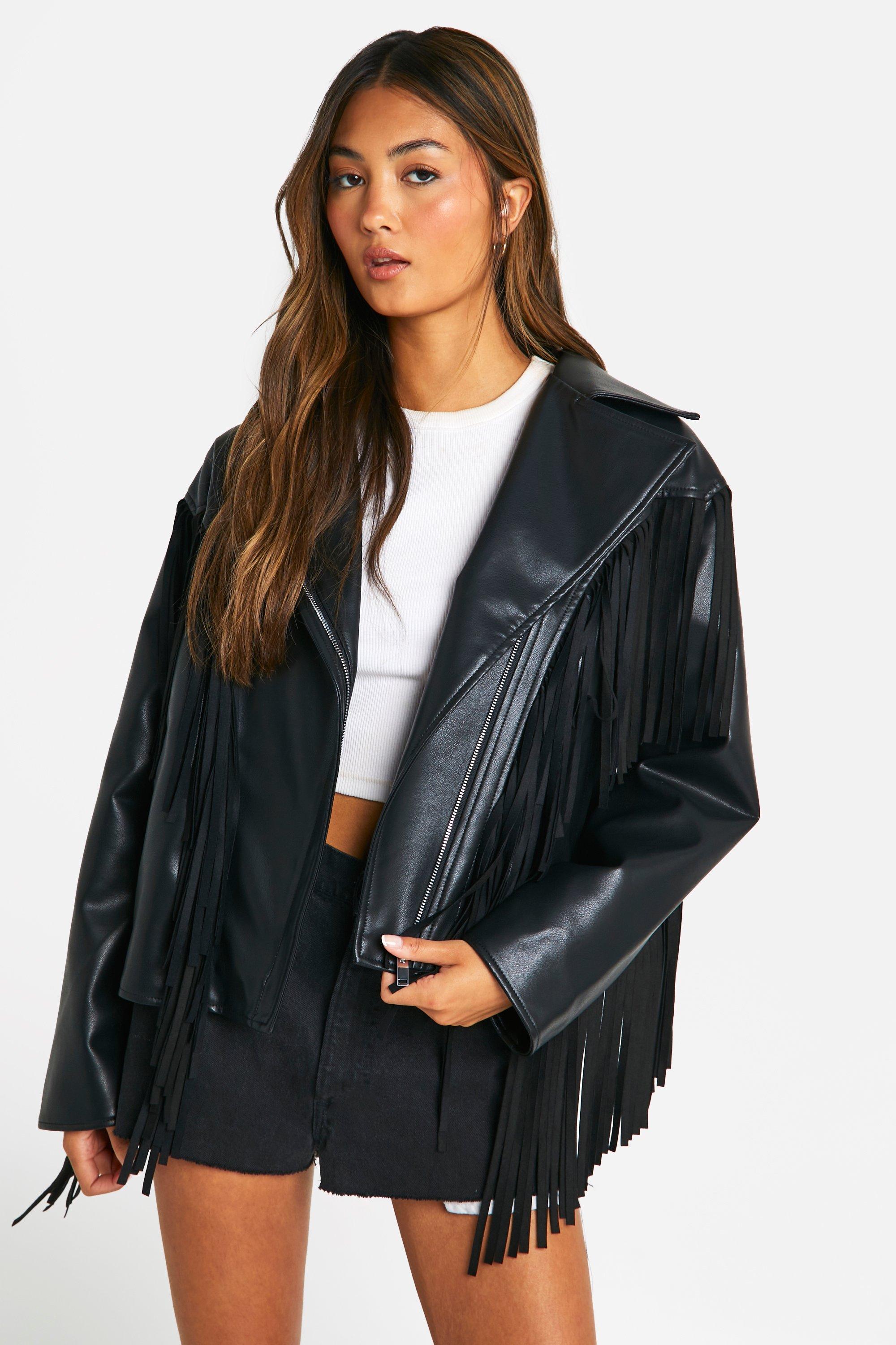 Black leather jacket with fringe sale