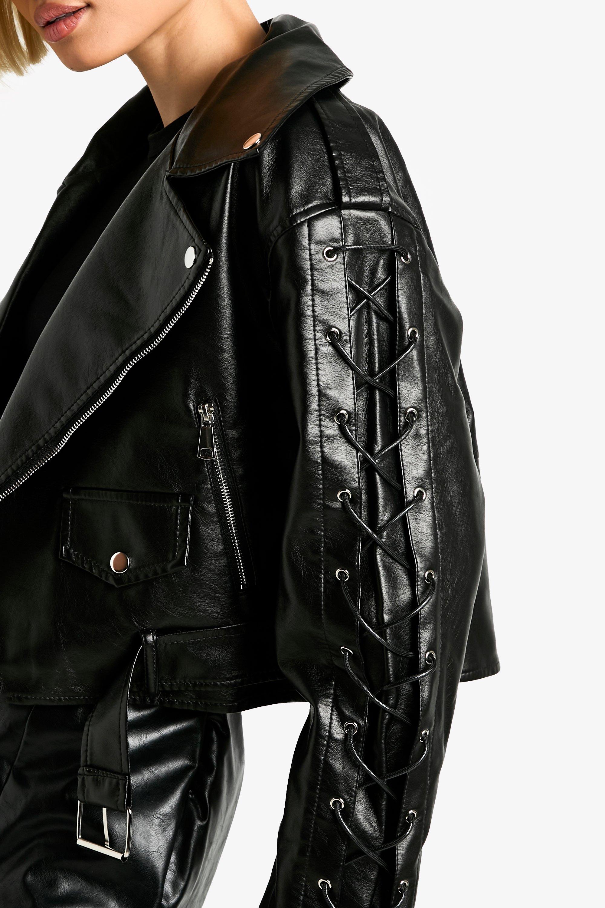 Lace Up Detail Oversized Faux Leather Biker Jacket | boohoo Lace Up Detail Oversized Faux Leather Biker Jacket | boohoo
