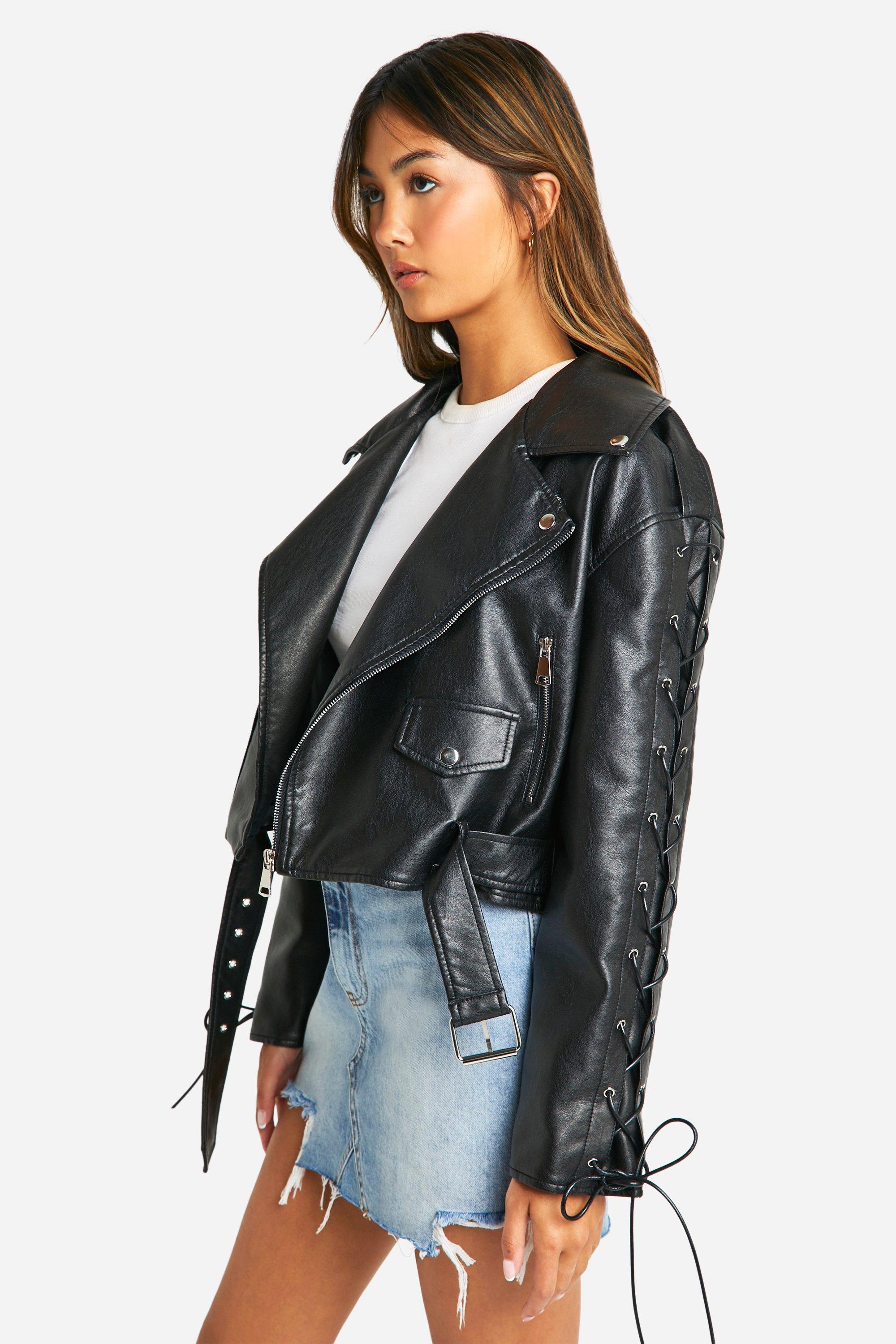 Black leather jacket boohoo best sale