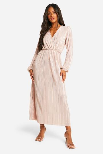 Champagne Beige Plisse Wrap Front Midaxi Dress