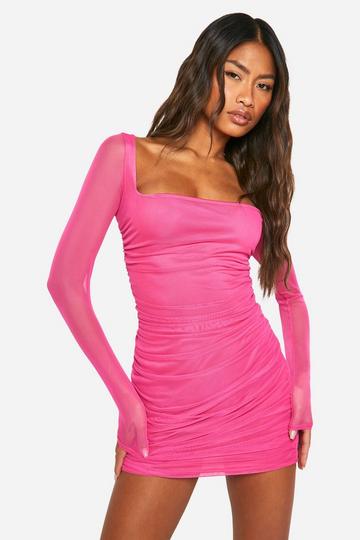 Magenta Pink Square Neck Ruched Mesh Bodycon Dress